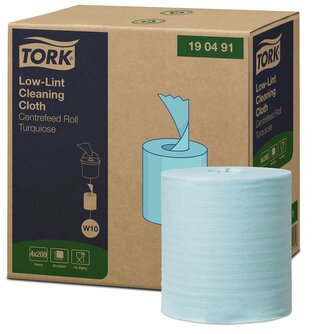 Utěrky čisticí Tork Low-Lint, 200 útržků, 30 x 16,5 cm, 60 m, tyrkysové, náplň, 4 ks, W10