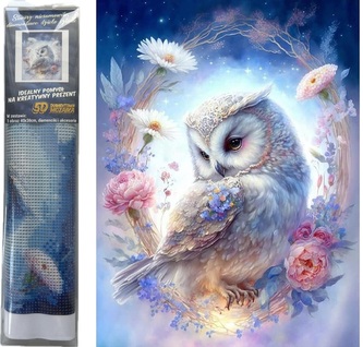 Diamantový obrázek - Bílá sova v květinách 30 x 40 cm