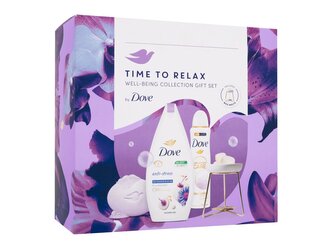 Dove Time To Relax sprchový gel Anti-stress 250 ml + tuhé mýdlo Relaxing Bar Soap 90 g + antiperspirant Advanced Care Helps Restore 150 ml + aroma lampa