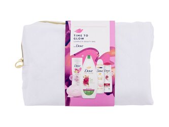 Dove Time To Glow sprchový gel Care By Nature Glowing 225 ml + antiperspirant Helps Smooth Calming Blossom 150 ml + tělové mléko Body Love Glowing Care 250 ml + šampon Colour Care 250 ml + tuhé mýdlo Pink Beauty Cream Bar 90 g + kosmetická taštička