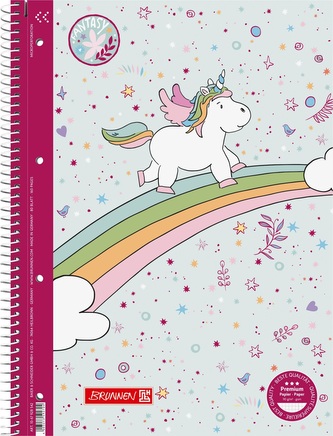 Kroužkový sešit s jednorožcem běžím po barevné duze od obláčku k obláčku. A4, premium papír 90g, 80 listů, čtverečkovaný.