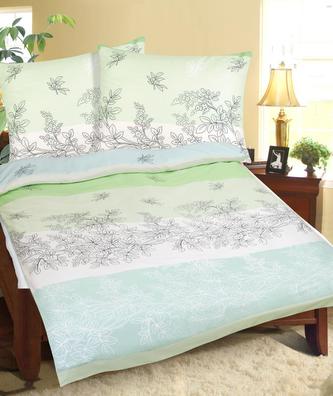 Povlečení bavlněné - sv.zelené jaro, polštář s černou kytičkou - 140x200, 70x90