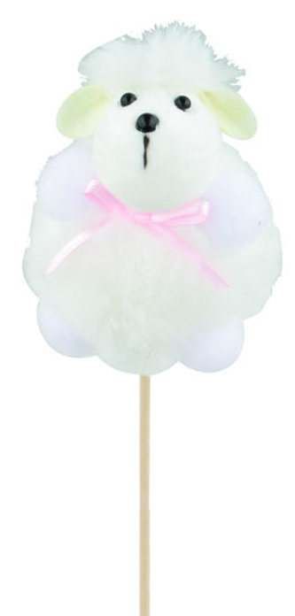 Ovečka plyšová  bílá s růžovou mašlí zápich 8cm + špejle
