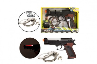 Policejní sada plast/kov pistole 21cm pouta s klíčkem na bat. se světlem se zvukem v krabici 26x17,5