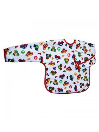 Dětský bryndák s rukávky Akuku bílý s autíčky