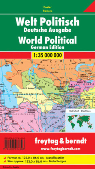 Freytag & Berndt Poster Welt, politisch, mit Metallstäben. World, political