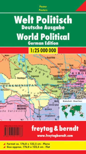 Freytag & Berndt Poster Welt politisch, deutsche Ausgabe, Großformat. World Political, German Edition, Poster