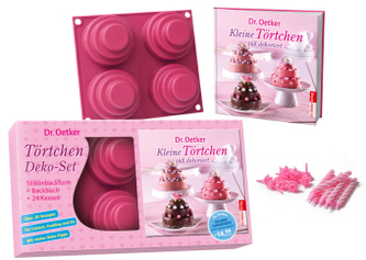 Kleine Törtchen süß dekoriert: Deko-Set mit Silikonbackform + Backbuch + 24 Partykerzen