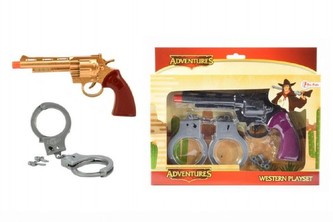 Pistole kovbojská + pouta plast 20cm, 2 barvy, v krabičce - 1 kus