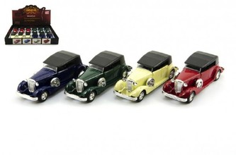 Auto veterán kov 13cm na zpětné natažení asst 4 barvy 12ks v boxu