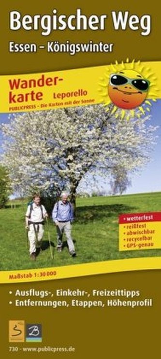 PublicPress Leporello Wanderkarte Bergischer Weg, Essen - Königswinter, 22 Teilktn.