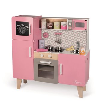 Velká dřevěná kuchyňka Macaron Janod růžová s příslušenstvím a zvuky