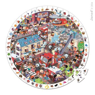 Dětské kulaté puzzle s hrou Hasiči Janod v kulatém kufříku 208 dílů 6 - 9 let