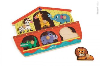 Dřevěné vkládací puzzle Noemova archa pro nejmenší s úchytkou Janod od 1 roku 6 dílů