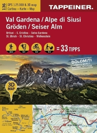 Gröden, Seiseralm 3D, Wanderkarte. Val Gardena, Alpe di Siusi