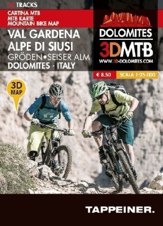 Gröden, Seiser Alm, MTB Karte. Val Gardena, Alpe di Siusi, Cartina MTB. Dolomites, Italy, Mountain Bike Map
