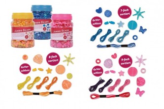 Korálky plast se šňůrkami 3 barvy v plastové dóze 10x14cm