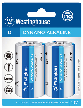 Baterie alkalická Westinghouse D/LR20 1,5V Dynamo alkalická, blistr 2ks