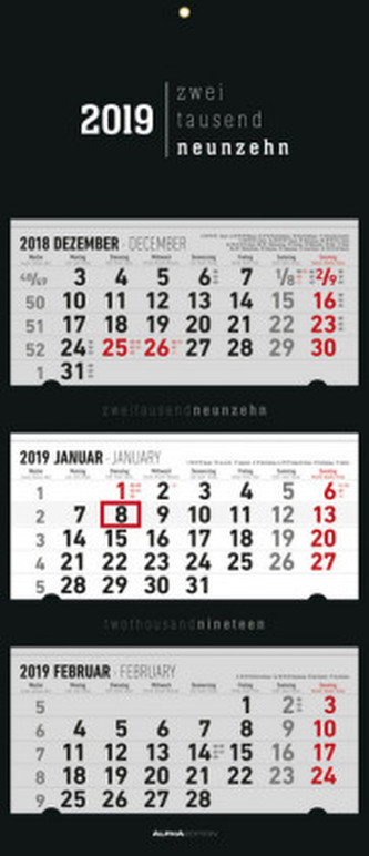 3-Monatskalender, faltbar, Black 2019