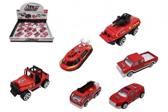 Auto hasiči kov/plast 7cm na volný chod mix druhů 12ks v boxu