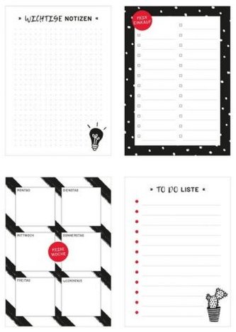 4 Blöcke im Set in schwarz-weiß, inkl. Einkaufsliste, Notizblock, ToDo-Liste und Wochenplaner.