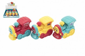 Vlak/mašinka plast 8cm pro nejmenší na setrvačník 3 barvy 12ks v boxu 18m+