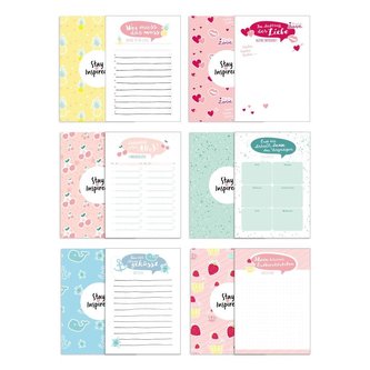 6 Blöcke inkl. To Do Liste, Notizblock, Wochenplaner bzw. Kalender, Einkaufsliste und Block für Liebesbotschaften. 50 Seiten pro