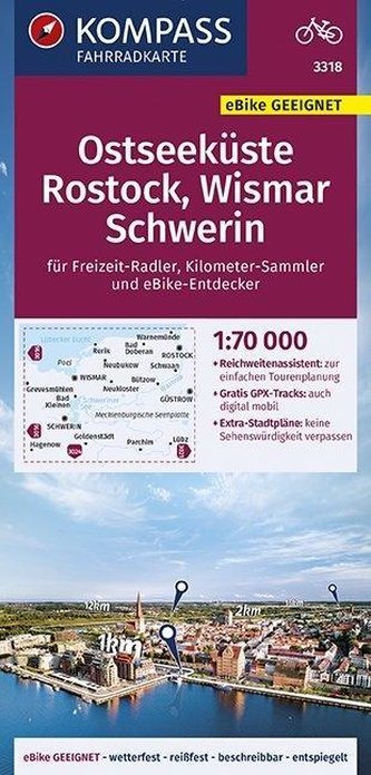 KOMPASS Fahrradkarte Ostseeküste, Rostock, Wismar, Schwerin 1:70.000, FK 3318