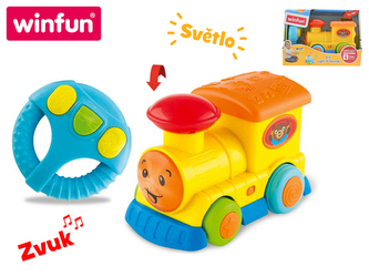 IR/C vlak veselý 14cm na baterie se světlem a zvukem 12m+ v krabičce