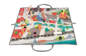 Dřevěné kostky Kubix Město 70 ks Janod stavebnice s interaktivní podložkou od 2 let