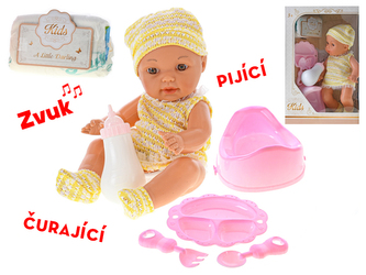 Miminko 29cm žluté pijící a čurající na baterie 4zvuky s doplňky v krabičce