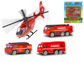 Vozidla hasiči  3ks s vrtulníkem 1ks v krabičce