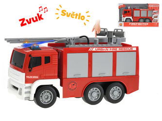 Auto hasiči 28cm 1:12 pohyblivé části na setrvačník na baterie se světlem a zvukem v krabičce