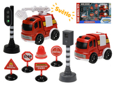 Hasičská vozidla 10cm na setrvačník s doplňky na baterie se světlem v krabičce