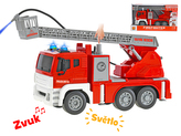 Auto hasiči 28cm stříkající vodu na setrvačník na baterie se světlem a zvukem v krabičce