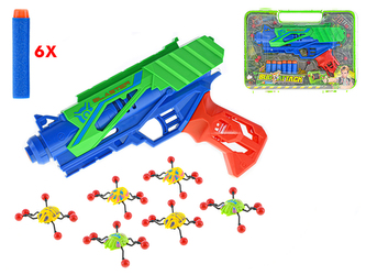 Pistole 24cm na natažení s pěnovými náboji 6ks a hmyzem jako terč v kufříku
