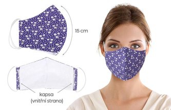 Ústní rouška bavlněná na gumičku s vnitřní kapsou - fialová kytička - délka oblouku 15cm