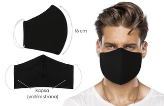 Ústní rouška bavlněná na gumičku s vnitřní kapsou - Uni černá z obou stran - délka oblouku 16cm