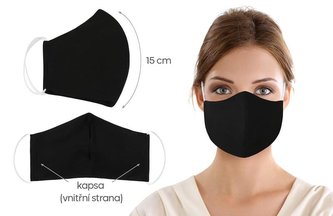 Ústní rouška bavlněná na gumičku s vnitřní kapsou - Uni černá z obou stran - délka oblouku 15cm -dámská