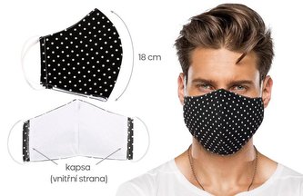 Ústní rouška bavlněná na gumičku s vnitřní kapsou - černý puntík - délka oblouku 18cm