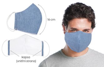 Ústní rouška bavlněná na gumičku s vnitřní kapsou - uni modrá - délka oblouku 16cm