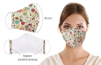 Ústní rouška bavlněná na gumičku s vnitřní kapsou - letní kytičky - délka oblouku 15cm