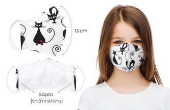 Ústní rouška dětská , dívčí bavlněná na gumičku s vnitřní kapsou - kočičky - délka oblouku 13cm