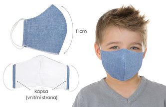 Ústní rouška dětská , chlapecká bavlněná na gumičku s vnitřní kapsou - Uni modrá - délka oblouku 11cm
