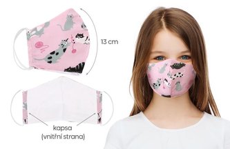 Ústní rouška dětská , dívčí bavlněná na gumičku s vnitřní kapsou - růžová kočka - délka oblouku 13cm