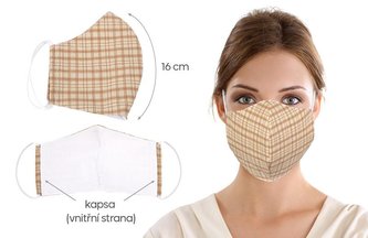 Ústní rouška bavlněná na gumičku s vnitřní kapsou - béžová mřížka - délka oblouku 16cm