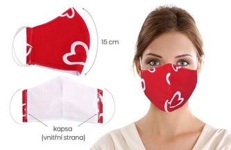 Ústní rouška bavlněná na gumičku s vnitřní kapsou - srdce červené - délka oblouku 15cm