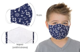 Ústní rouška dětská , chlapecká bavlněná na gumičku s vnitřní kapsou - modrá kotva - délka oblouku 11cm