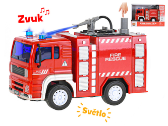 Auto hasiči 18cm 1:20 stříkající vodu na setrvačník na baterie se světlem a zvukem v krabičce