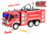 Auto hasiči 27cm 1:16 stříkající vodu na setrvačník na baterie se světlem a zvukem v krabičce